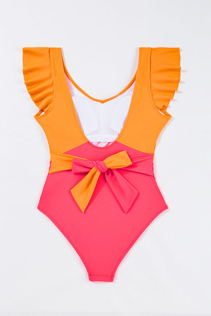 Vibrant Vitality Orange Ruffled Backless One-Piece Swimsuit with Color Block Design