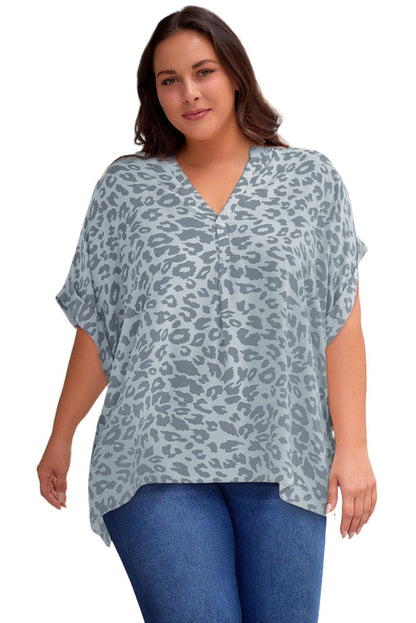 Plus Size Printed Notched Neck Half Sleeve Top.