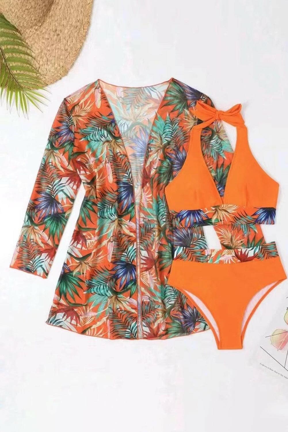 Printed Halter Neck Three-Piece Swim Set.