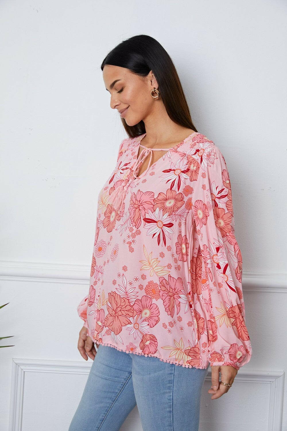 Floral Smocked Tassel Tie Balloon Sleeve Blouse.