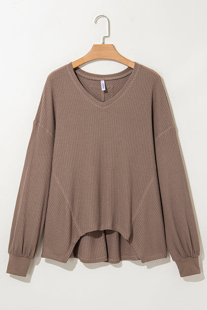 Coffee V-neck waffle knit blouse