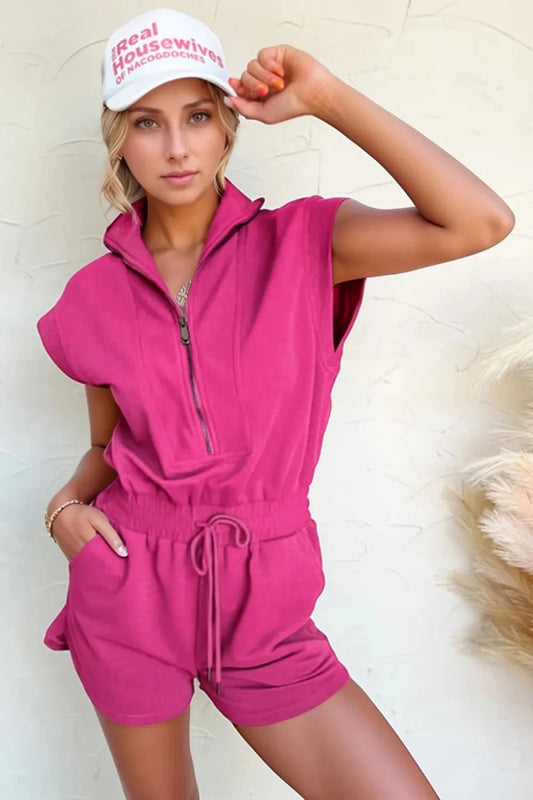 Textured Short Sleeve Half Zip Drawstring Waist Romper Simply Love