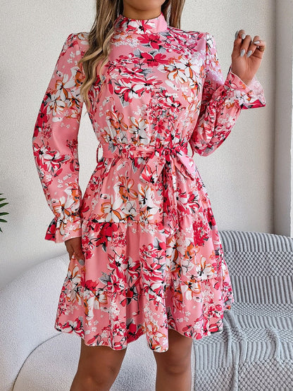 Printed Mock Neck Flounce Sleeve Mini Dress.