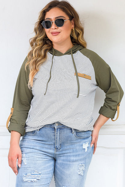 Green striped plus size hoodie with raglan sleeves and buttoned pocket