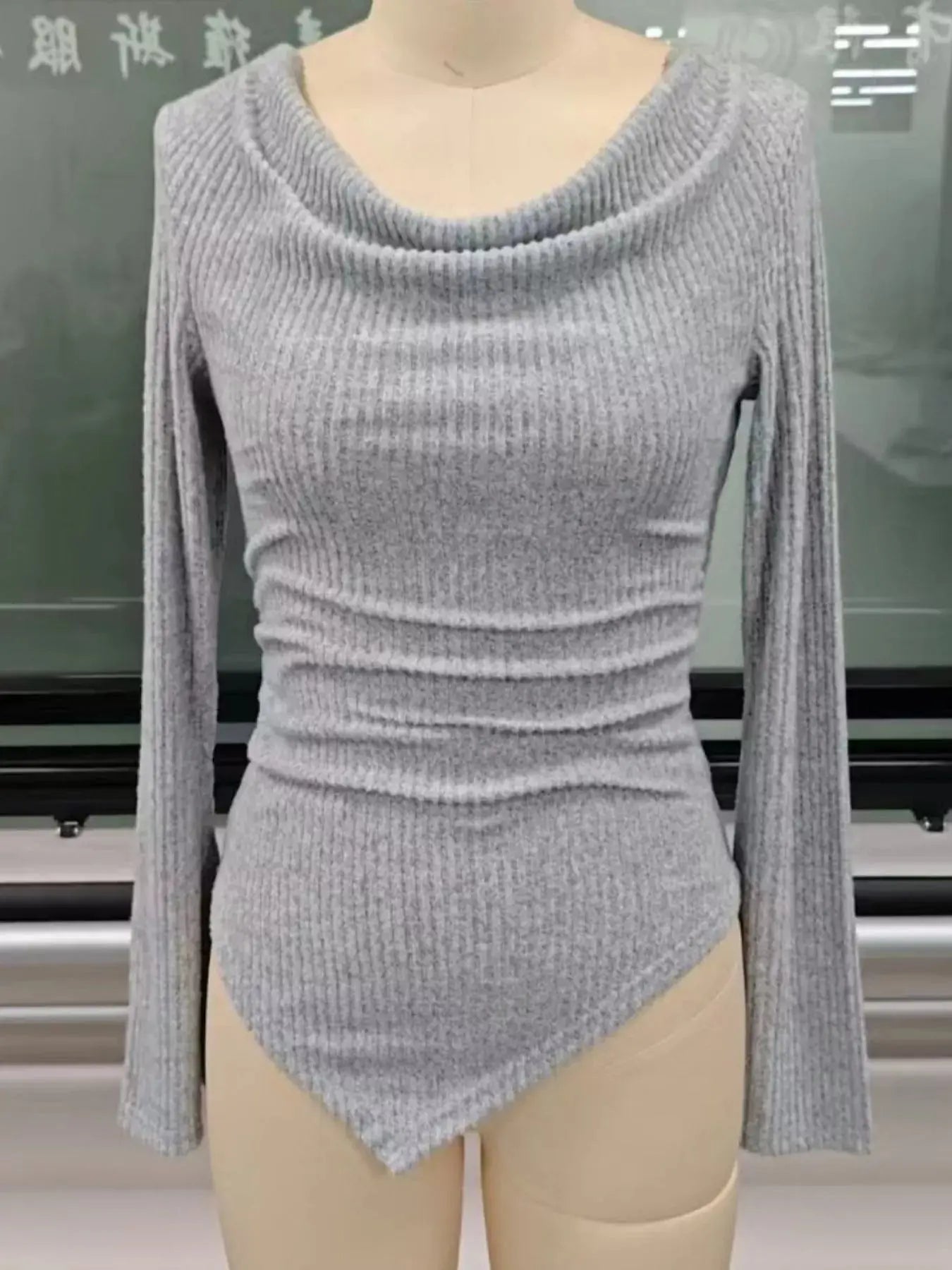 Off-Shoulder Bell Sleeve Ribbed Blouse Simply Love