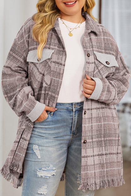 Chic pink macrame plaid coat in plus sizes