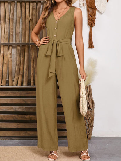 Chic V-neck jumpsuit with tie waist detail