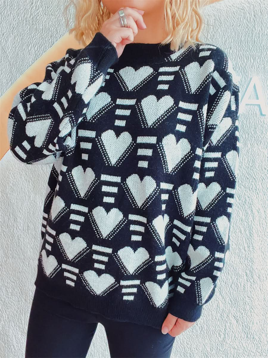 Heartfelt Contrast Long Sleeve Sweater with Dropped Shoulders