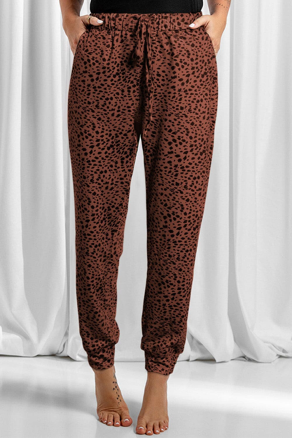 Full Size Leopard Drawstring Pocketed Pants.