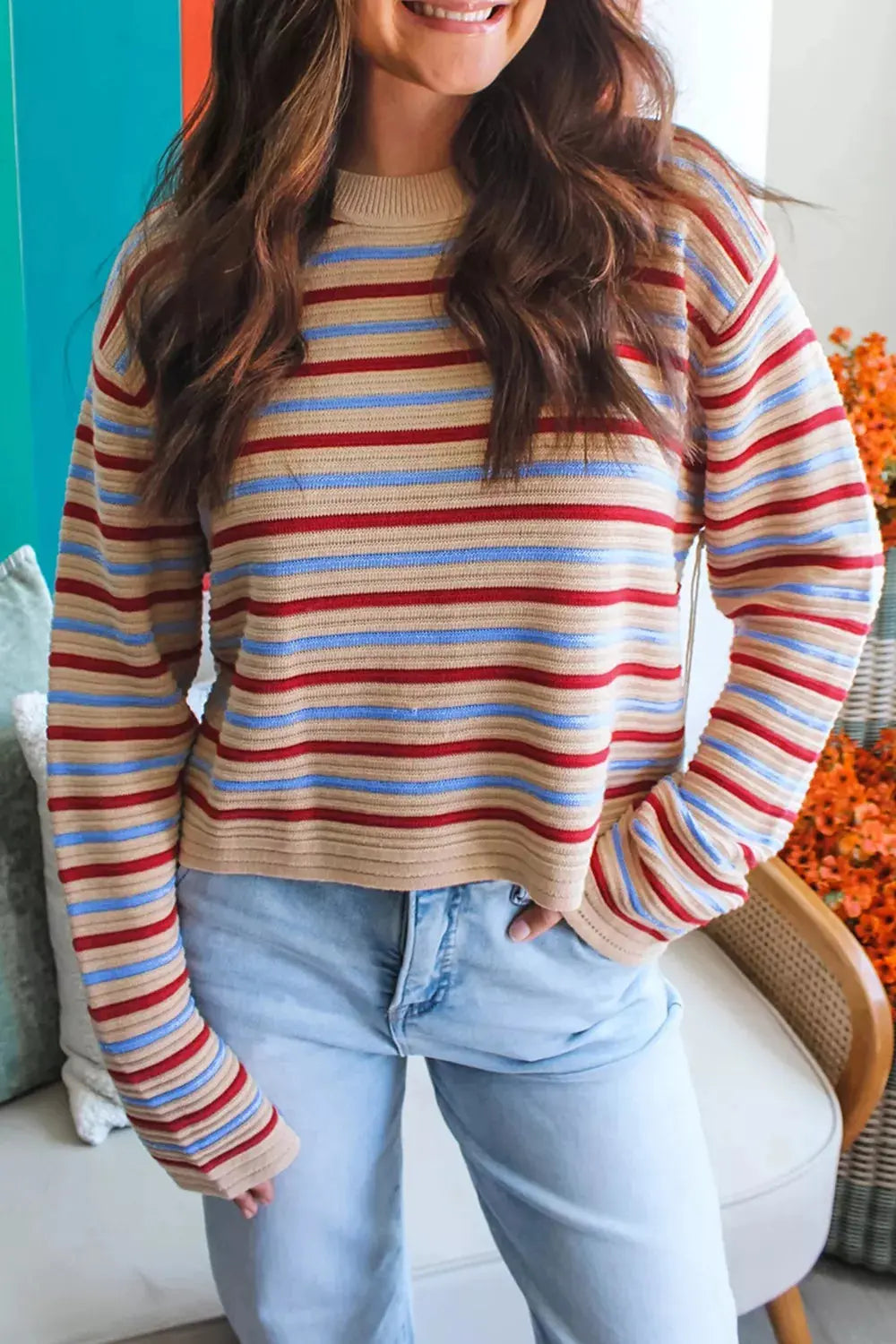 Striped Long Sleeve Round Neck Sweater Simply Love