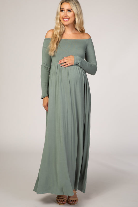 Sage Off Shoulder Long Sleeve Maternity Maxi Dress PinkBlush