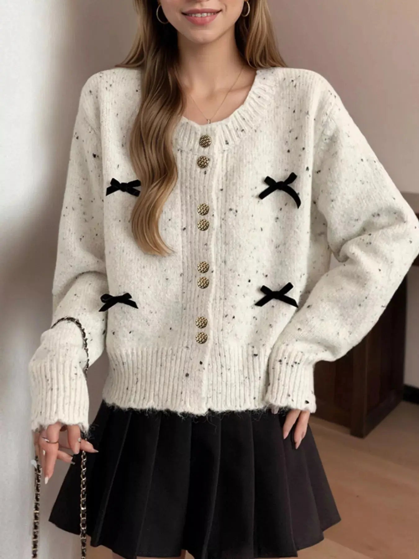 Bow Button Up Ribbed Hem Cardigan Simply Love