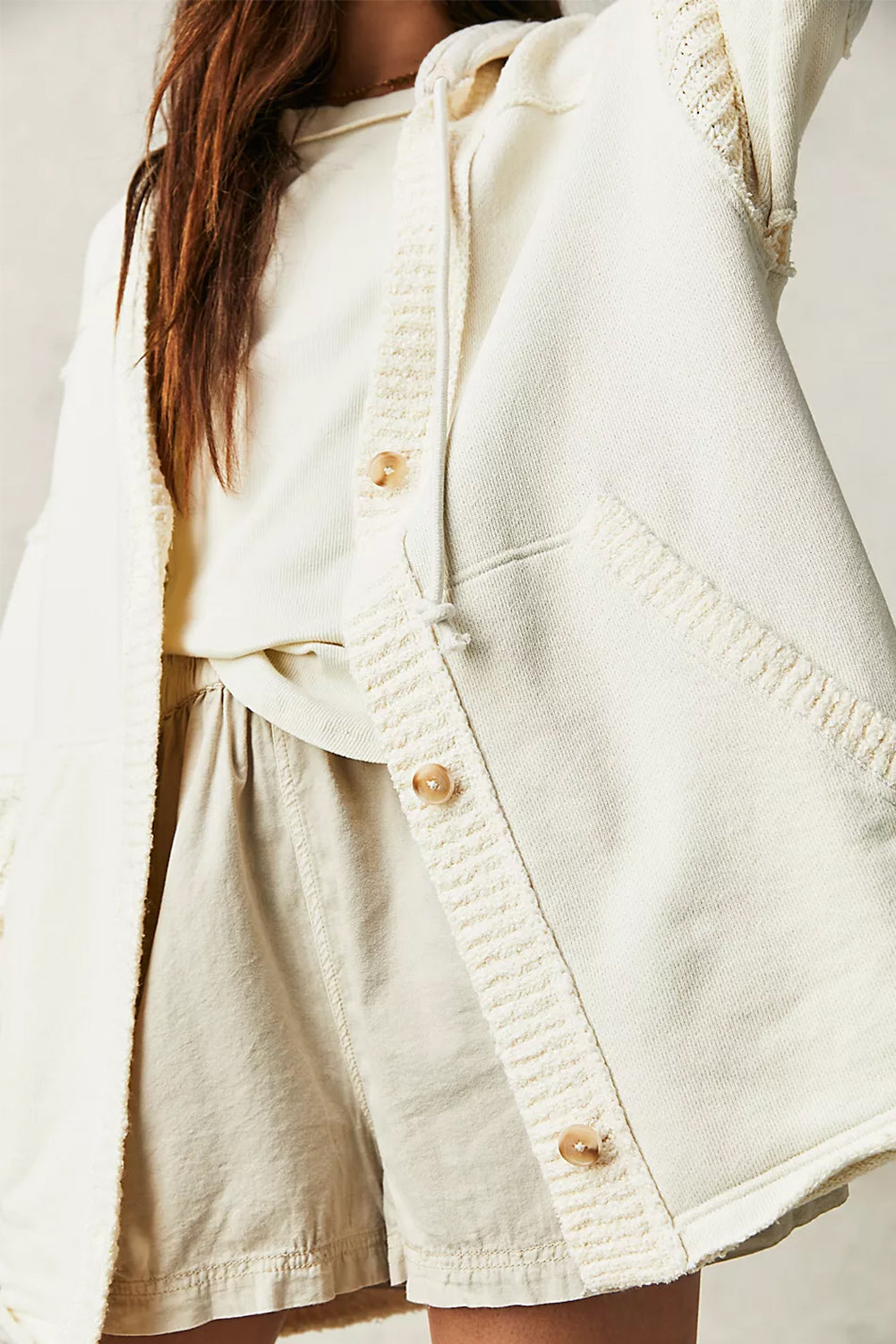 Beige knit patchwork hooded coat