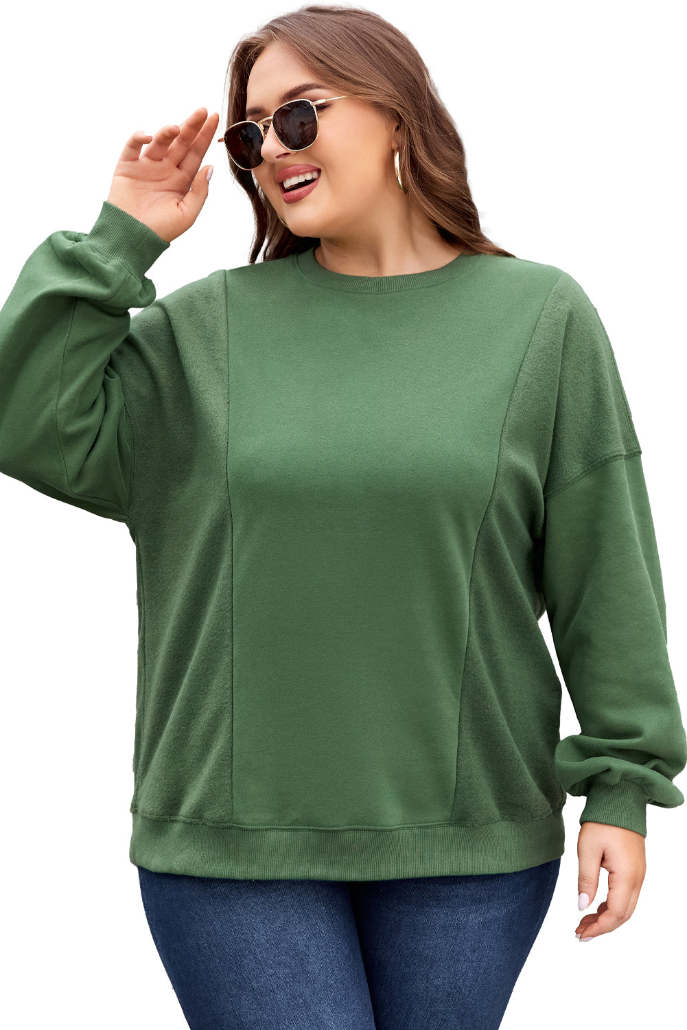 Chic plus size blackish green patchwork crewneck sweatshirt