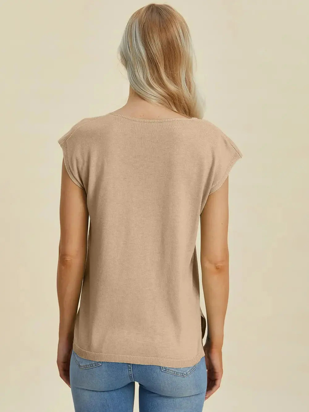 Double Take Full Size Notched Cap Sleeve Knit Top - Love Salve