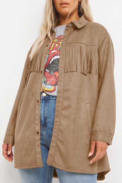 Chic khaki fringe plus size suede shacket for a stylish wardrobe update