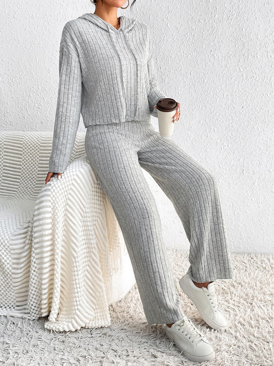 Drawstring Ribbed Hoodie and Straight Leg Pants Set.