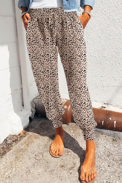 Khaki Leopard Elastic Waist Casual Joggers