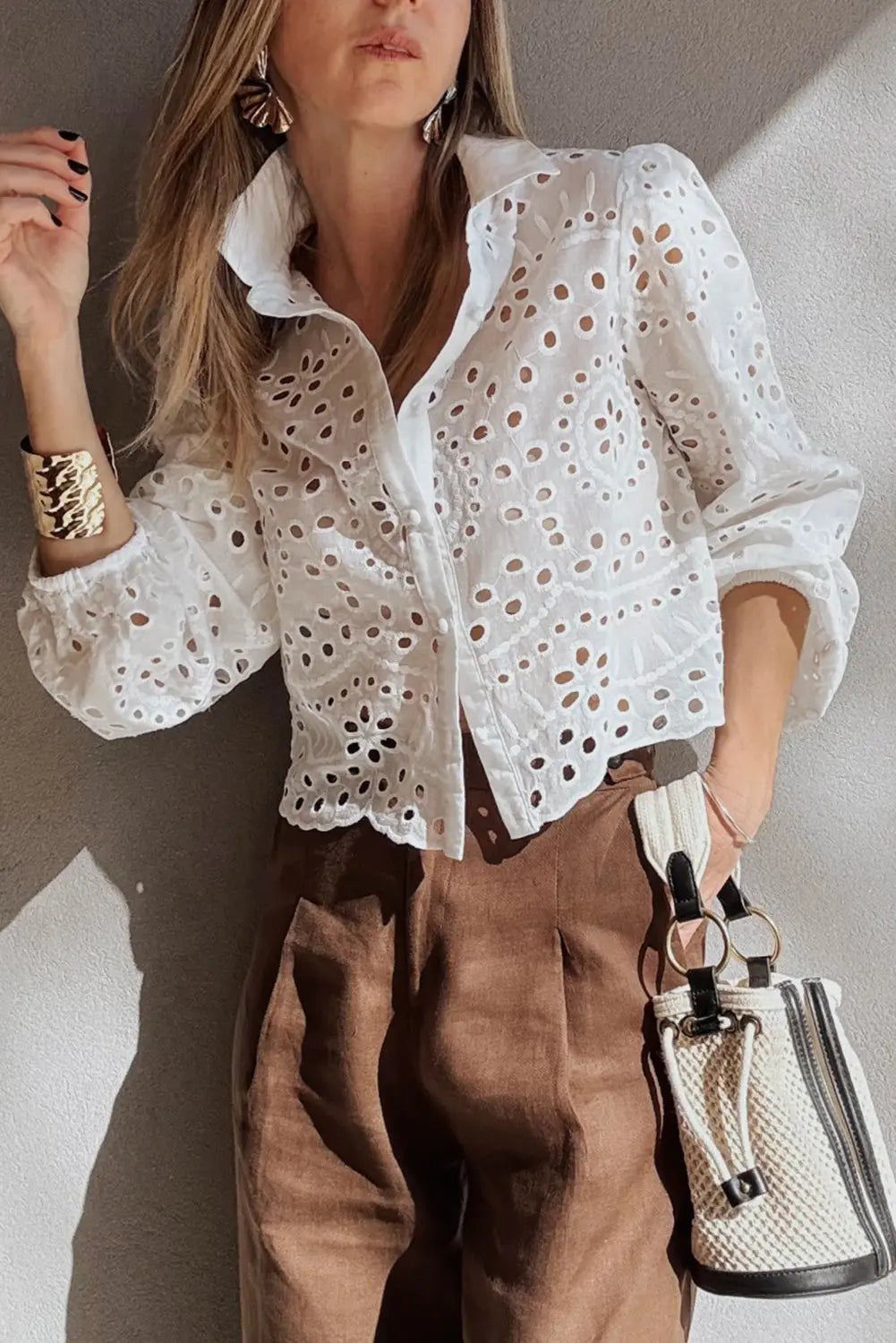White Eyelet Embroidered Puff Sleeve Cropped Shirt For Women Dear-Lover Dropshipping