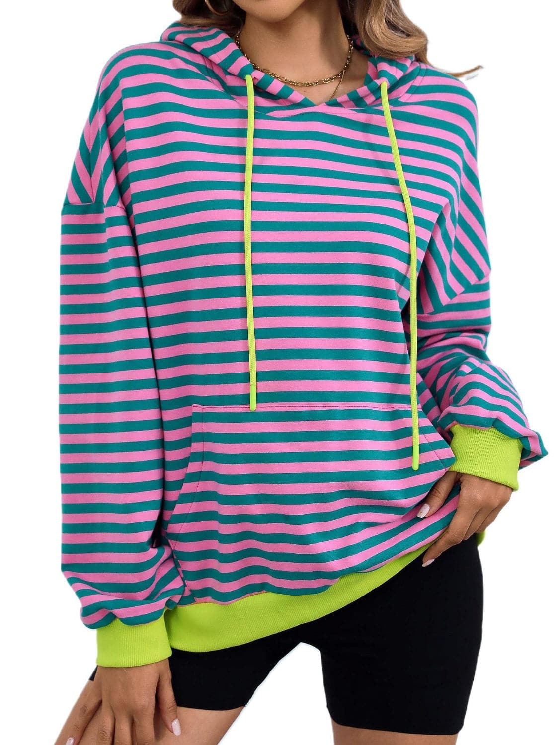 Drawstring Striped Long Sleeve Hoodie.