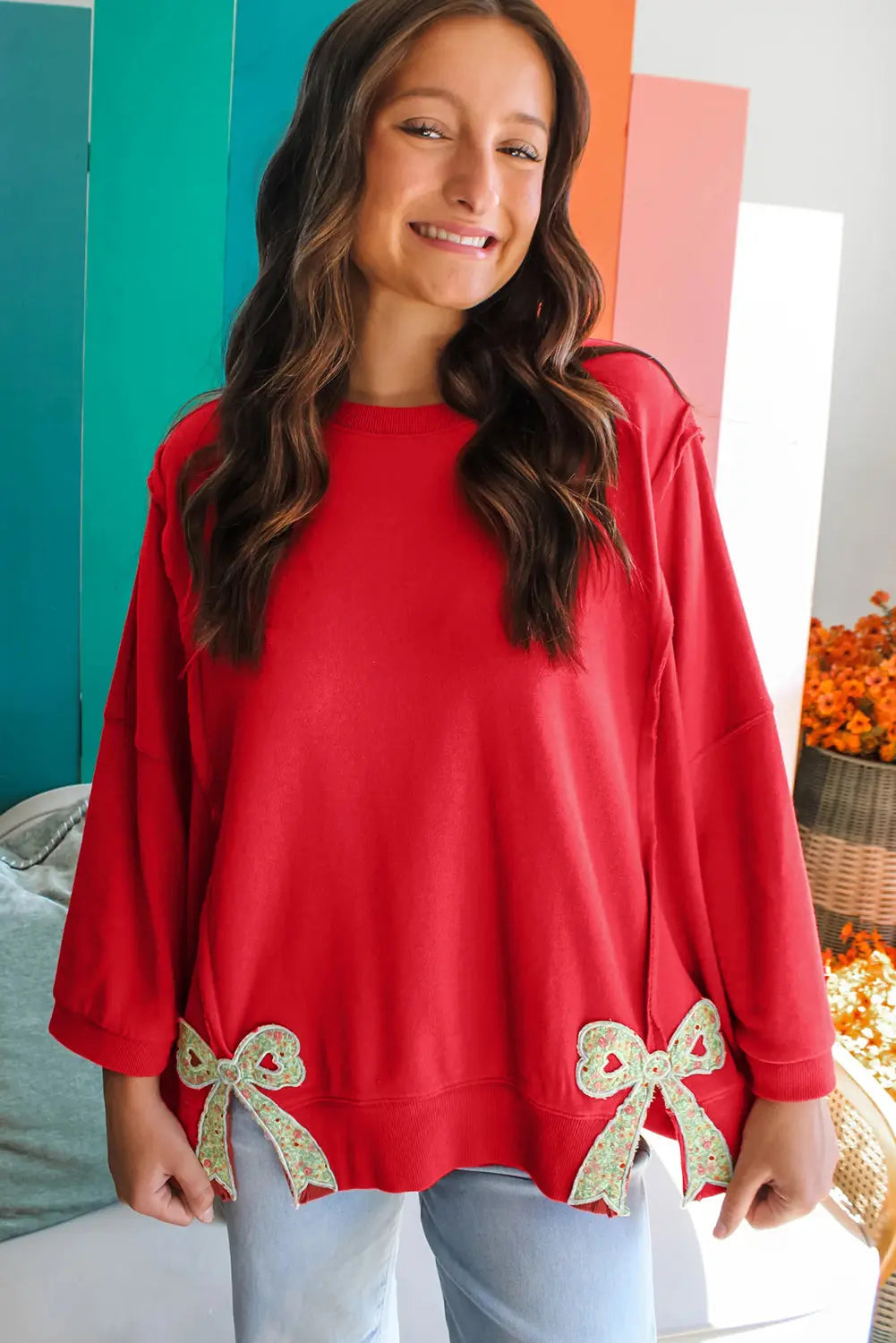 Fiery Red Floral Bow Patchwork Exposed Seam Slit Baggy Sweatshirt Dear-Lover Dropshipping