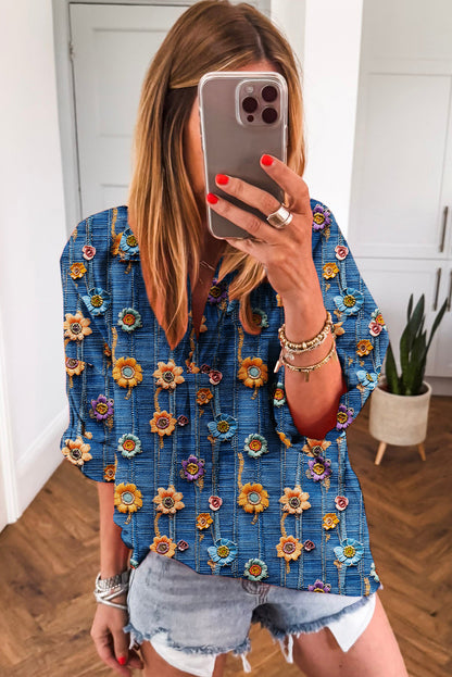 Premium Blue Floral Collared V Neck Roll Up Sleeve Blouse