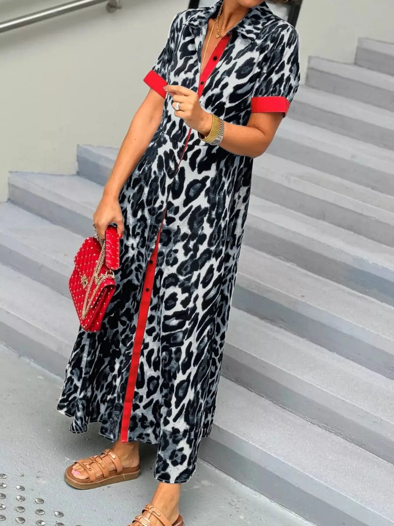 Leopard Print Button-Down Dress with Contrast Trim Simply Love