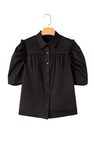 Black Solid Color Puff Sleeve Stylish Collared Shirt