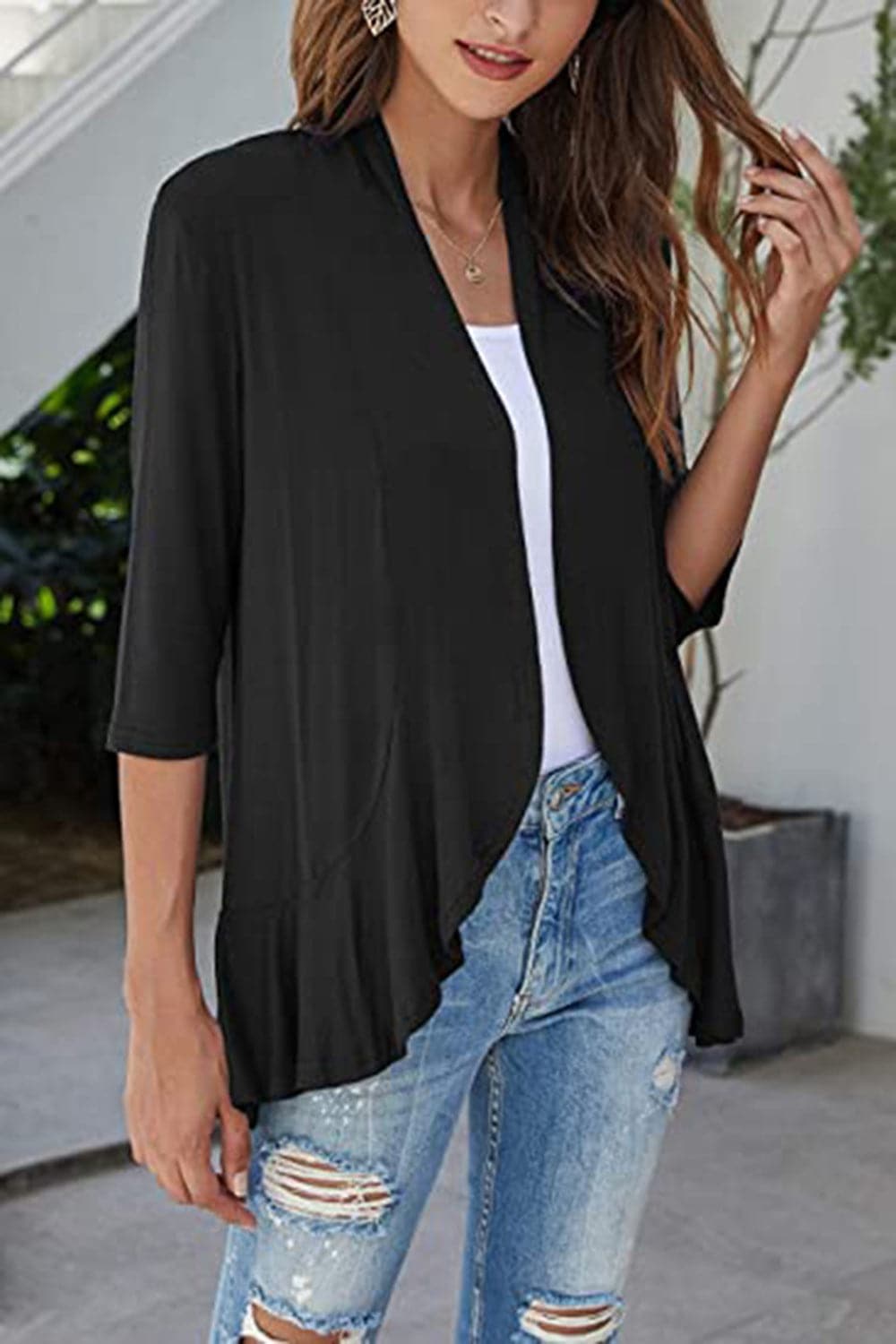 Open Front Three-Quarter Sleeve Cardigan.