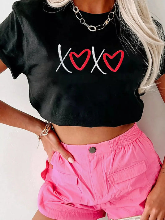 XOXO Valentines Heart Embroidered Casual Tee Simply Love