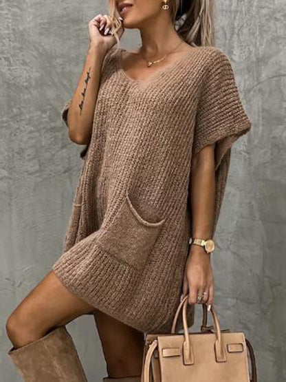 V-Neck Short Sleeve Sweater with Pockets.