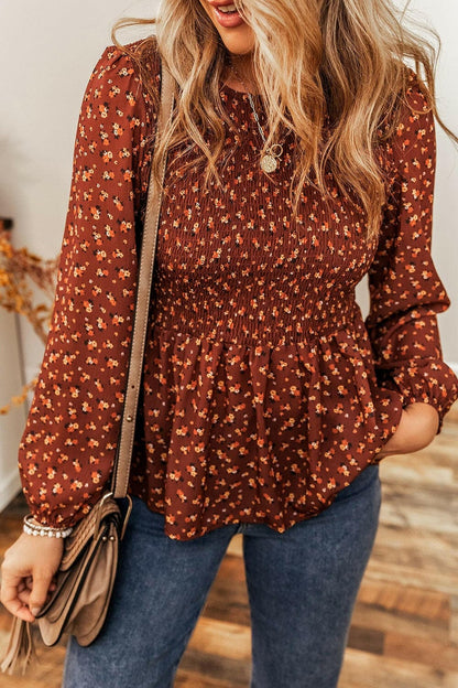 Floral Smocked Ruffle Hem Long Sleeve Blouse.