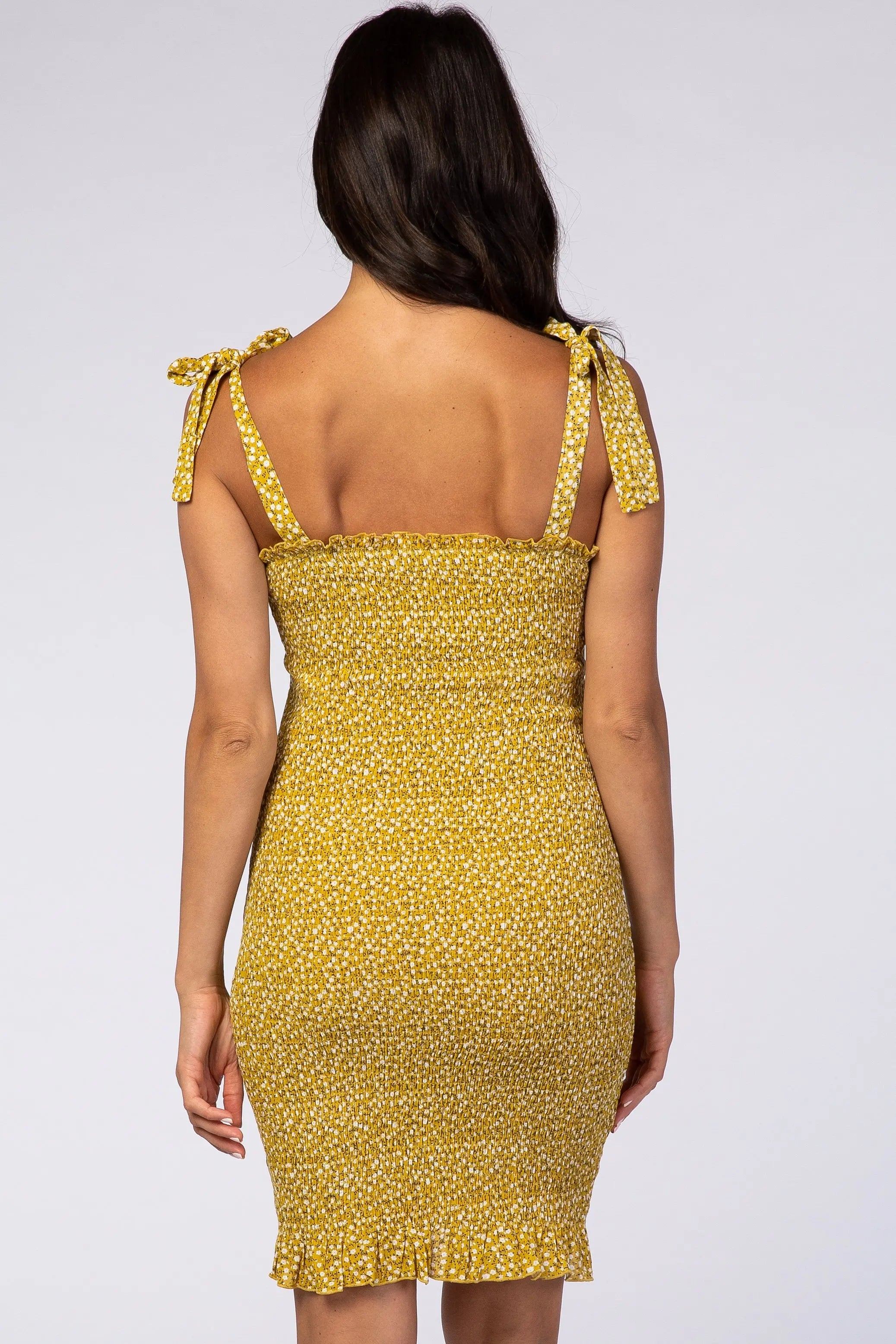 Mustard Floral Smocked Mini Dress With Self Tie Straps PinkBlush