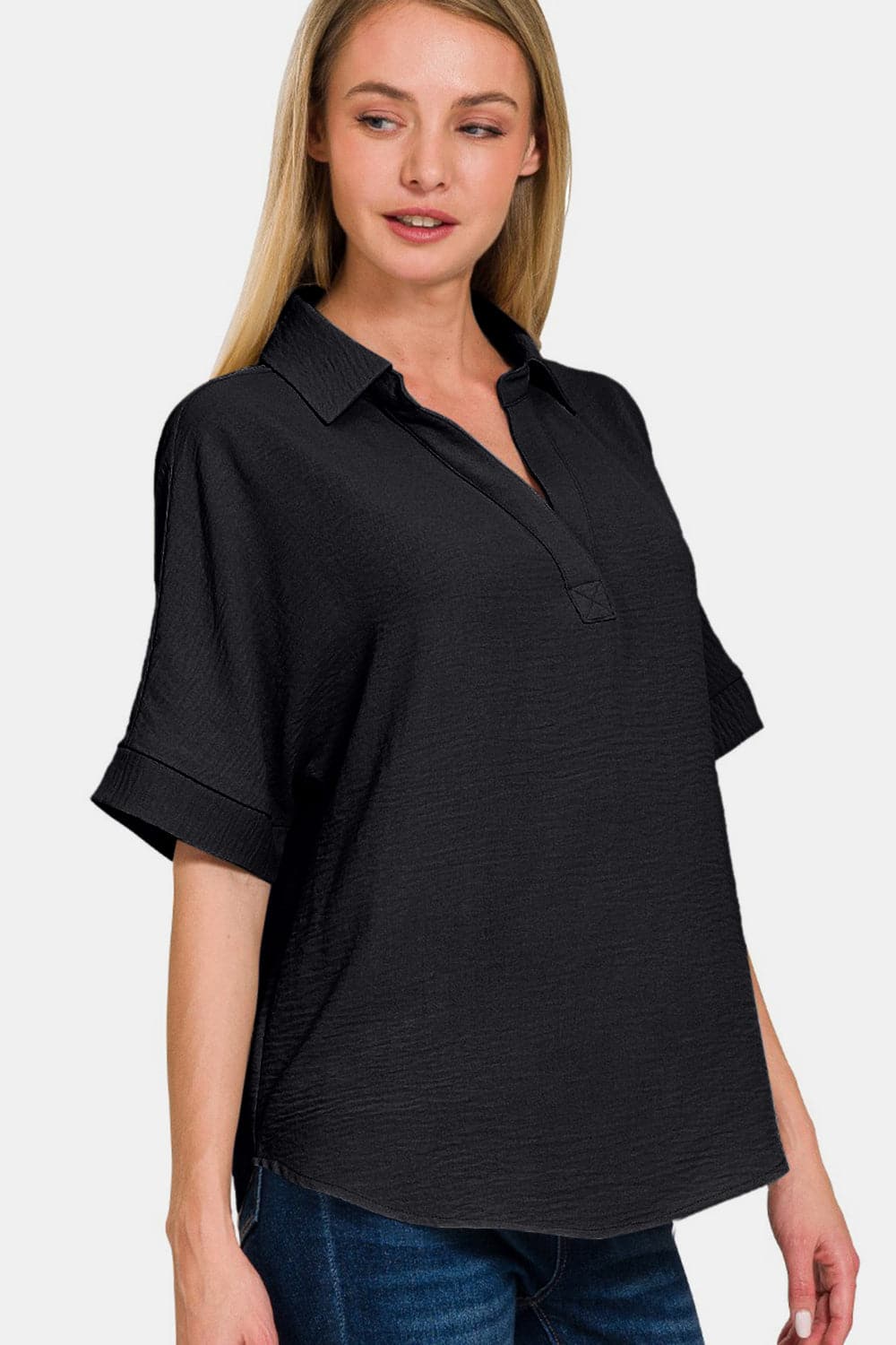 Zenana Full Size Texture Collared Neck Short Sleeve Top.