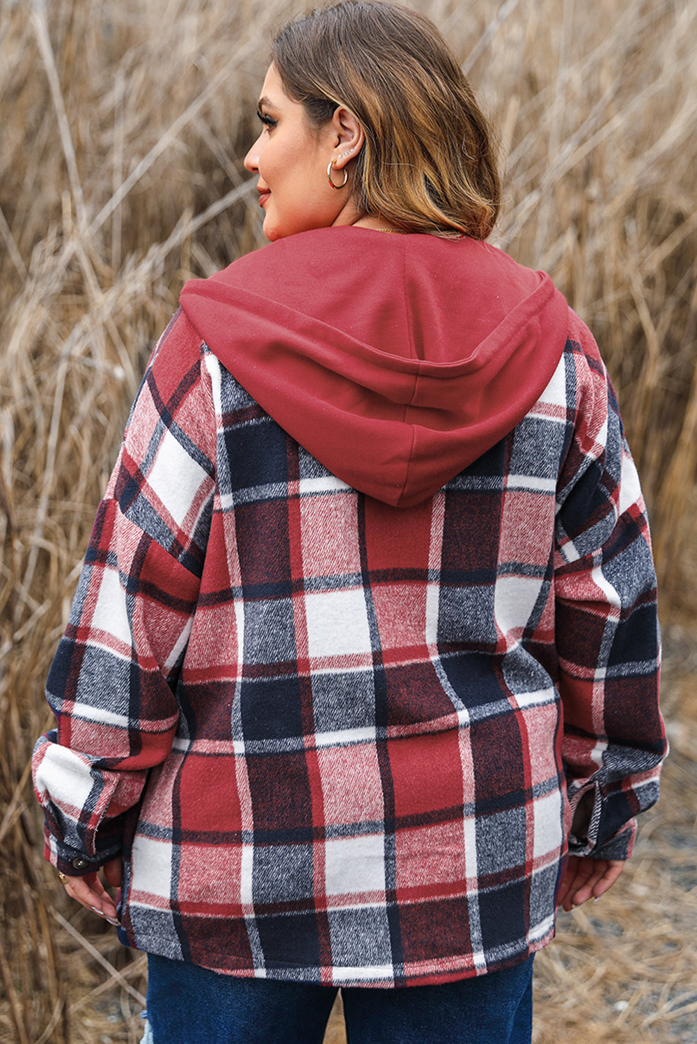 Bold red plaid plus size hooded button-up jacket