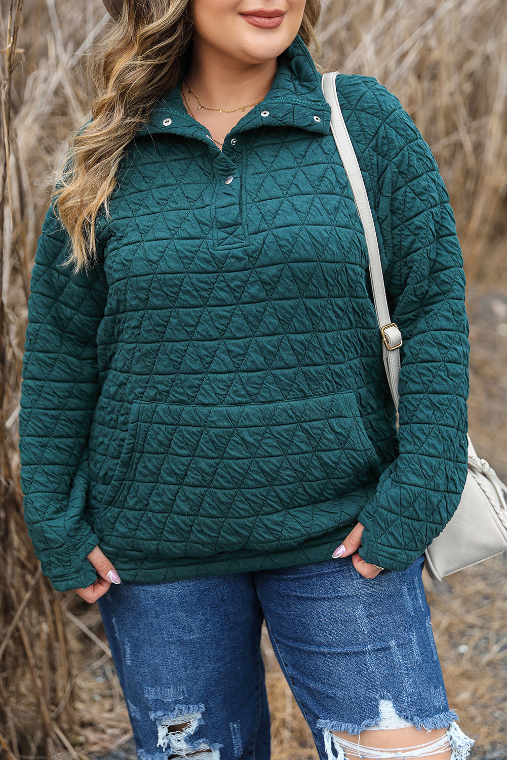 Plus size quilted sweatshirt in blackish green with pocket and button detail