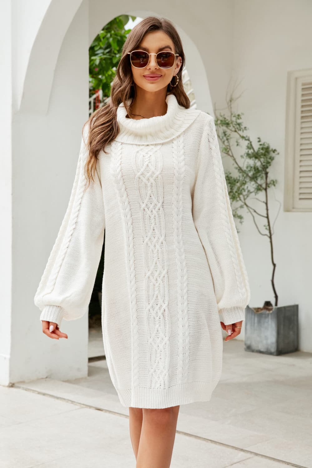 Woven Right Mixed Knit Turtleneck Lantern Sleeve Sweater Dress.