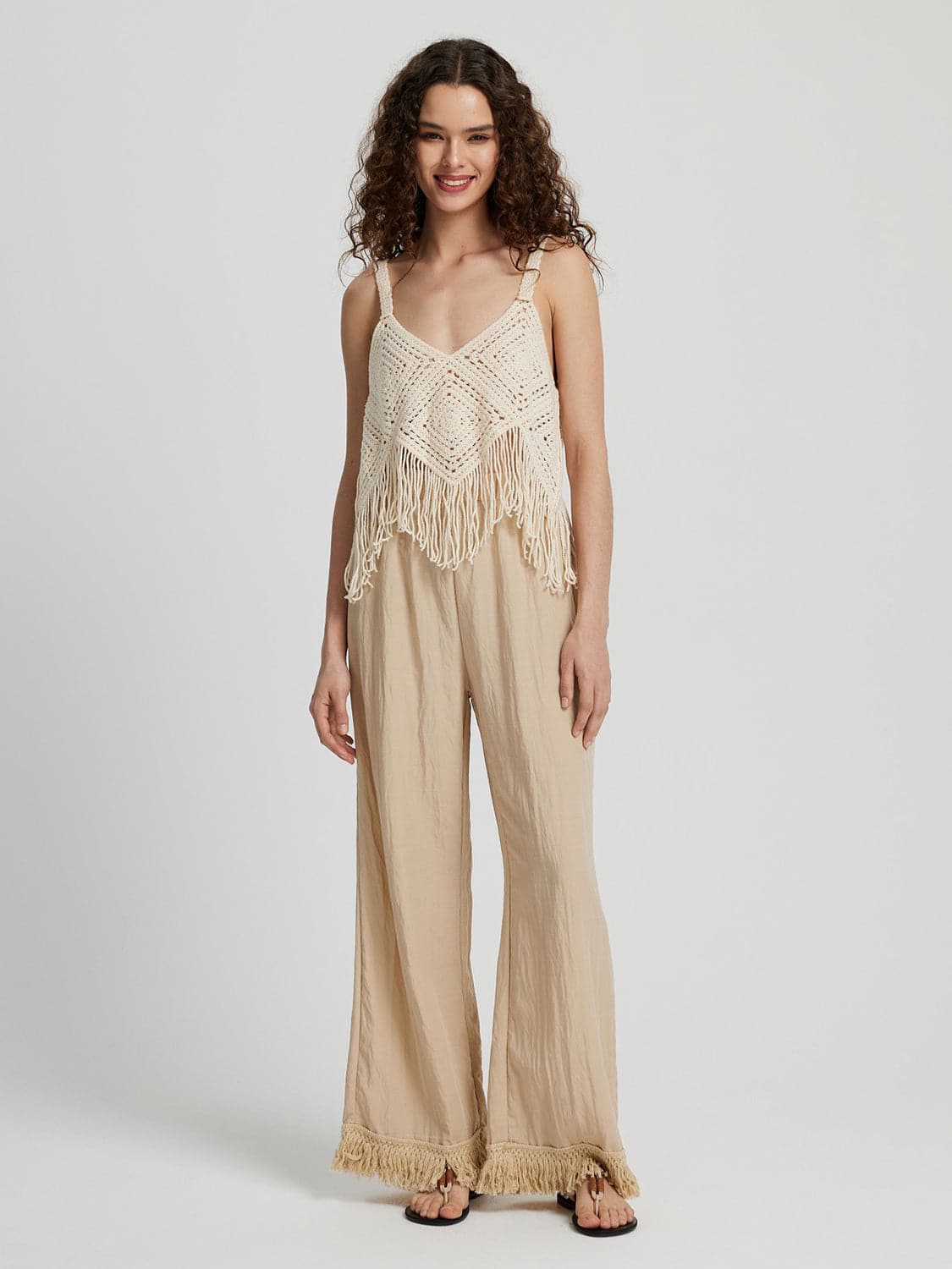 Fringe Hem Wide Leg Long Pants.