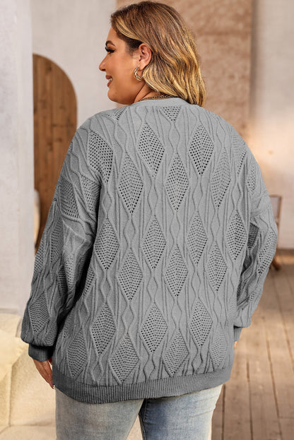 Chic gray plus size knitted cardigan with hollow-out details and button front