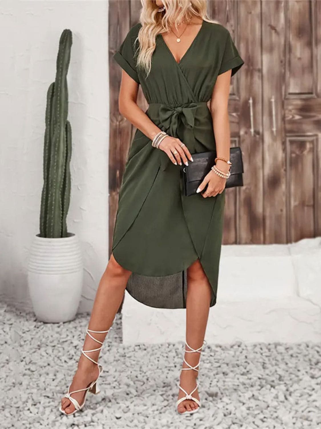 Tied Surplice Short Sleeve Dress.