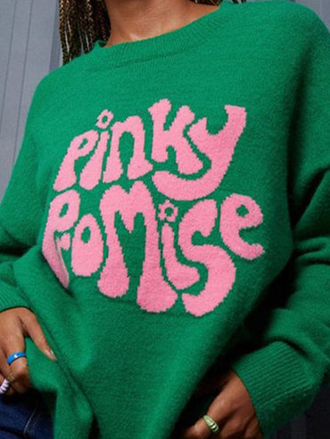 PINKY PROMISE Round Neck Drop Shoulder Sweater.