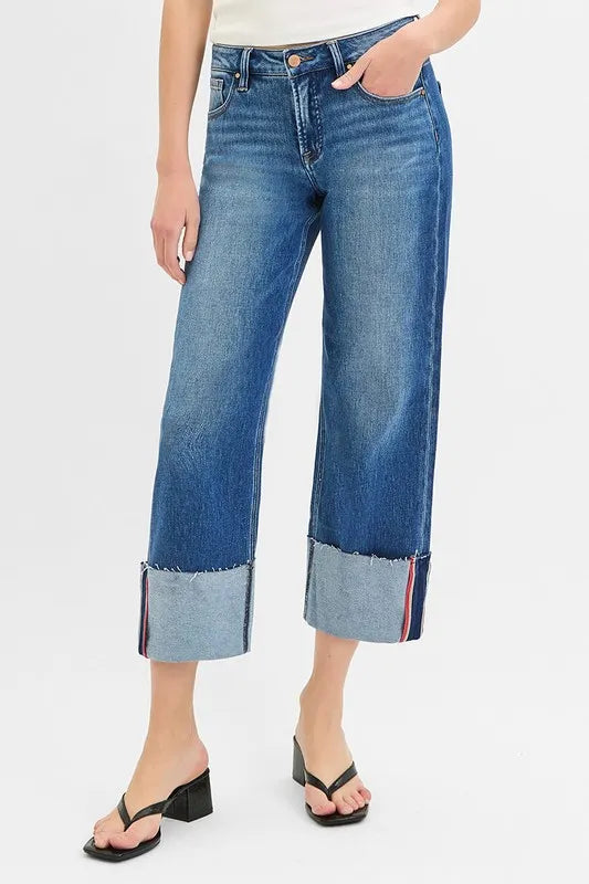 Risen Full Size Tummy Control Mid Rise Crop Wide Cuffed Jeans Plus Size - Love Salve 