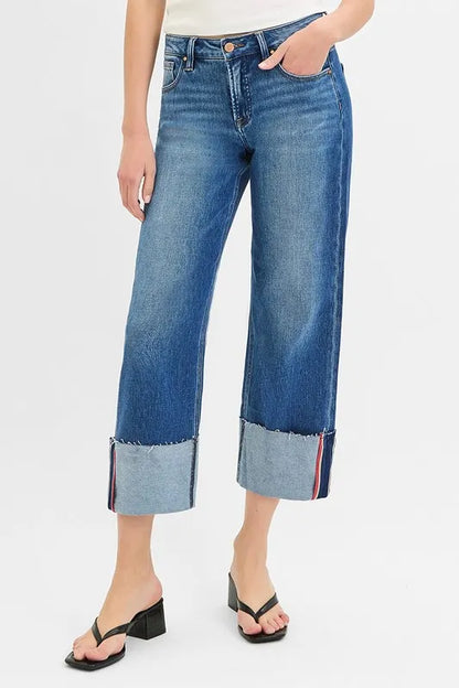 Risen Full Size Tummy Control Mid Rise Crop Wide Cuffed Jeans Plus Size - Love Salve 