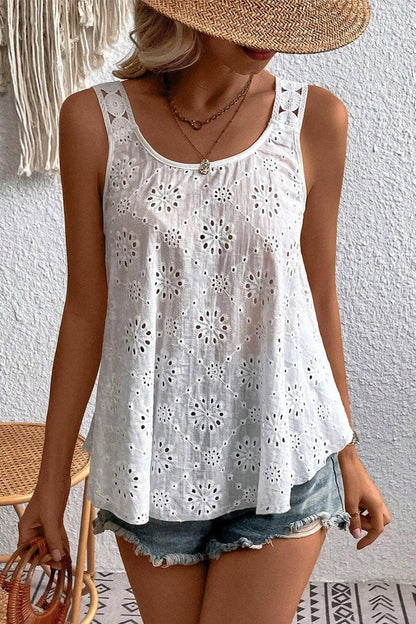 Eyelet Round Neck Wide Strap Tank.