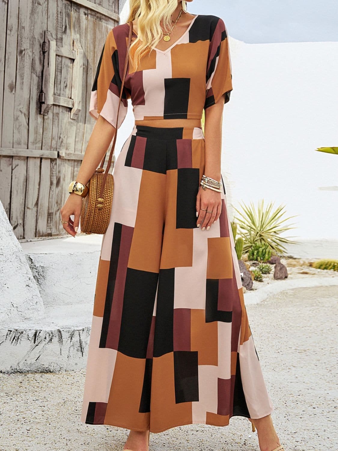 Color Block V-Neck Top and Wide Leg Pants Set.