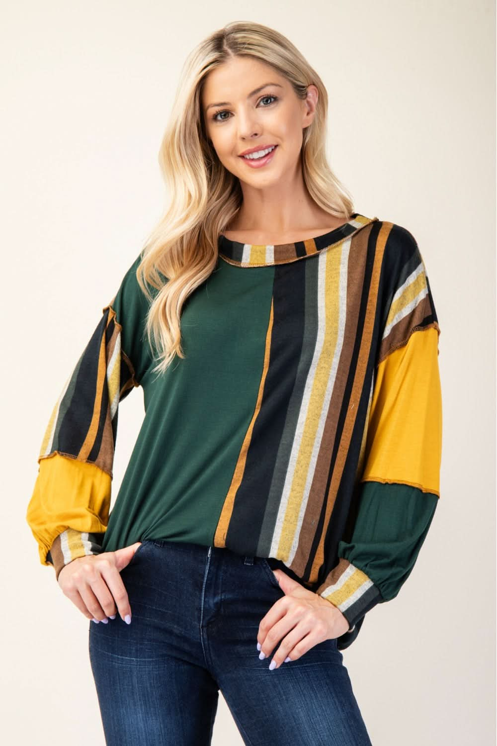 Celeste Full Size Striped Color Block Exposed Seam T-Shirt