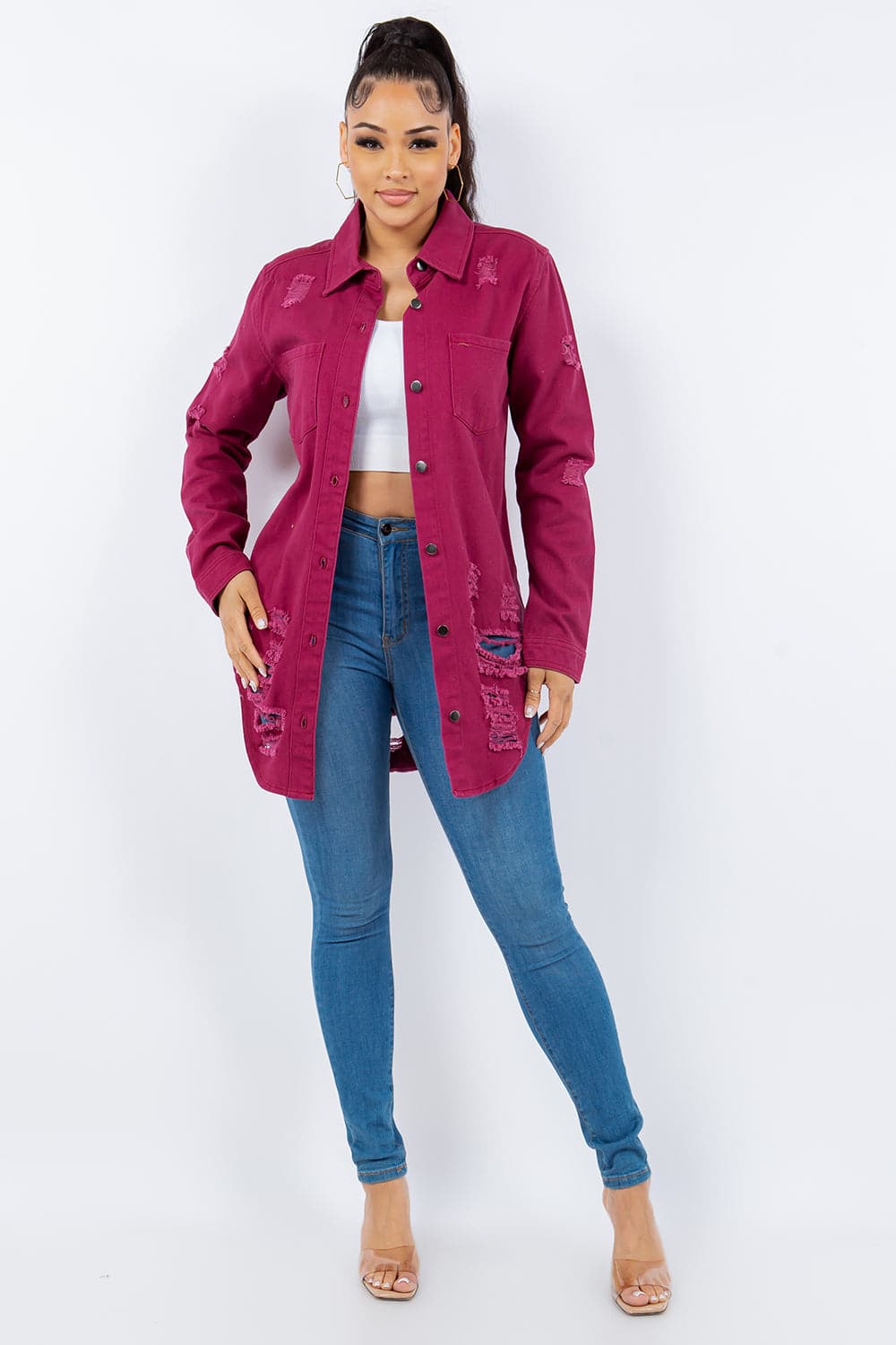 Distressed denim button-up jacket for a stylish edge