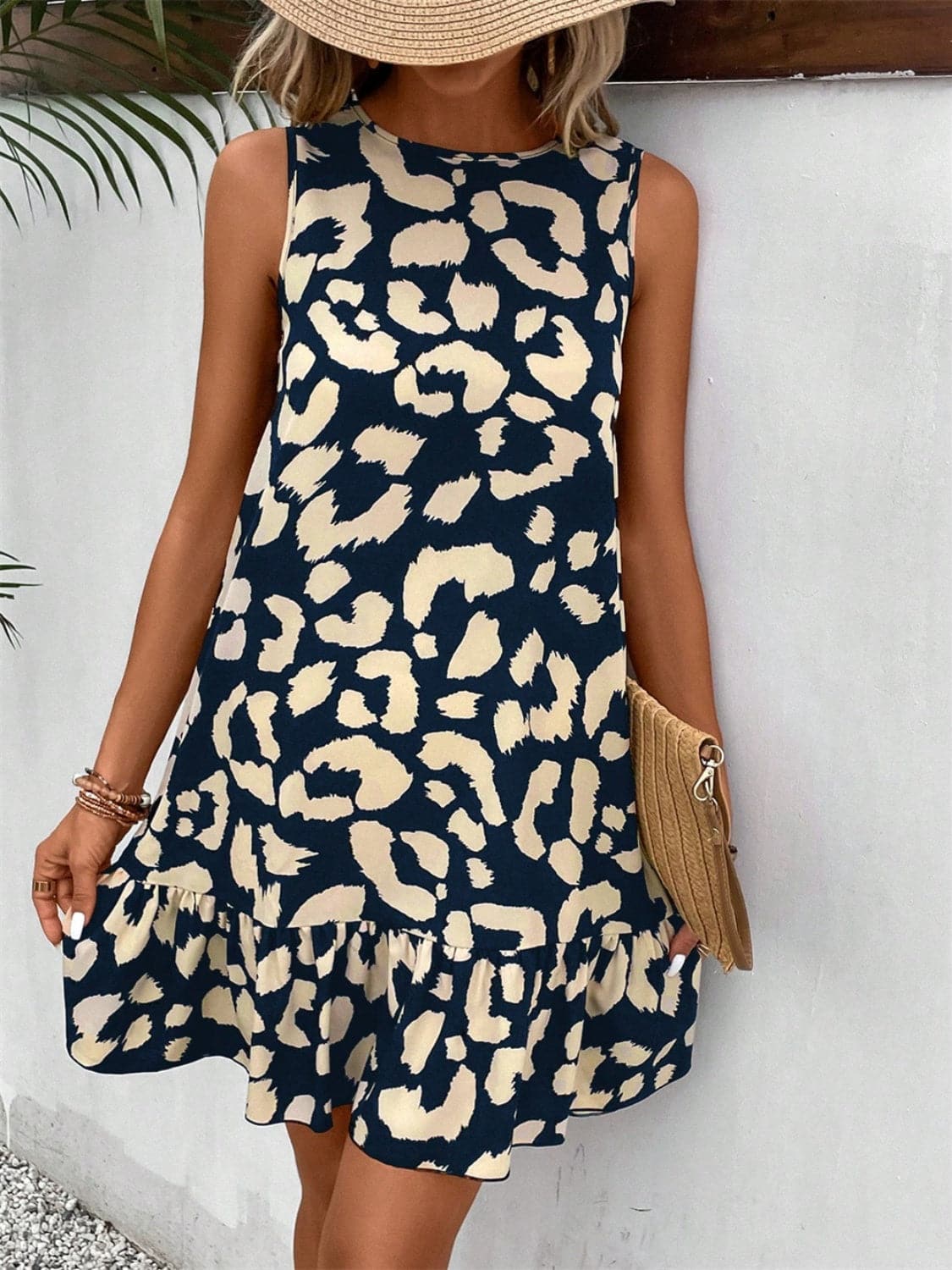 Tied Leopard Round Neck Tank Dress.