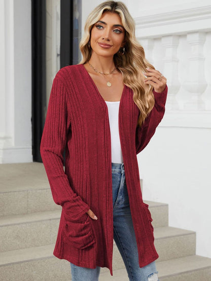 Pocketed Open Front Long Sleeve Cardigan.