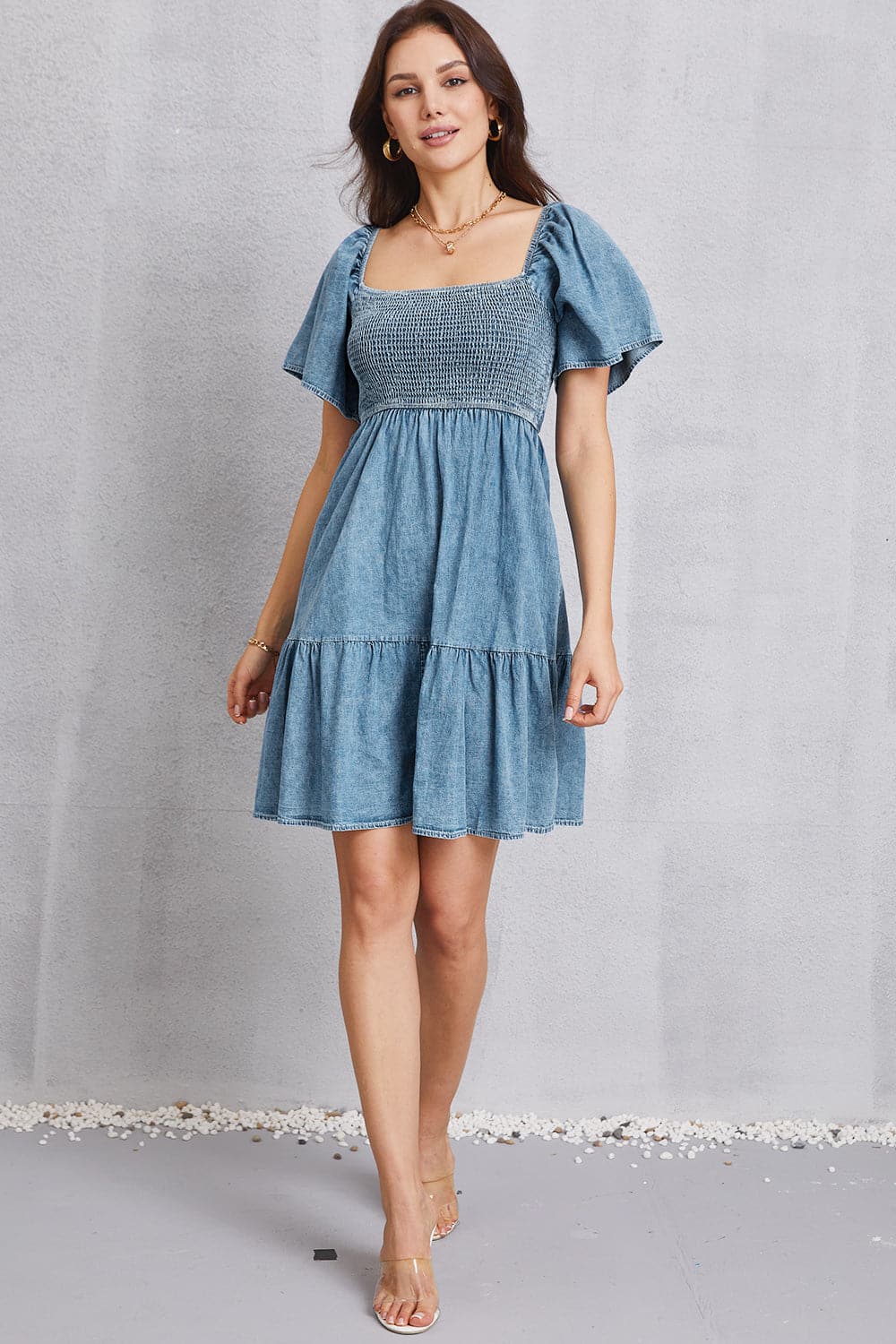 Smocked Square Neck Mini Denim Dress.